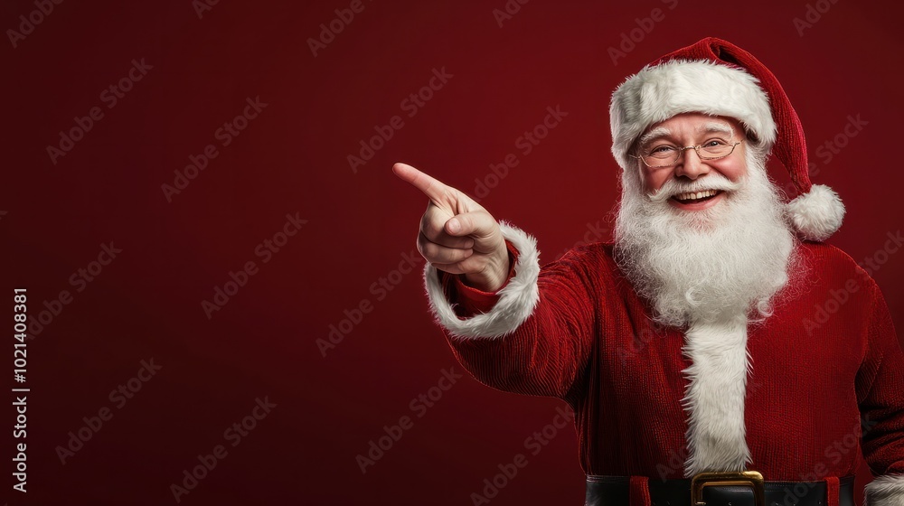 Smiling Santa Claus pointing on blank advertisement banner background with copy space Smiling Santa Claus pointing on blank advertisement banner background with copy space