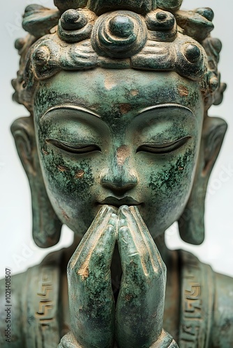 Closeup of a Green Bronze Buddha Statue