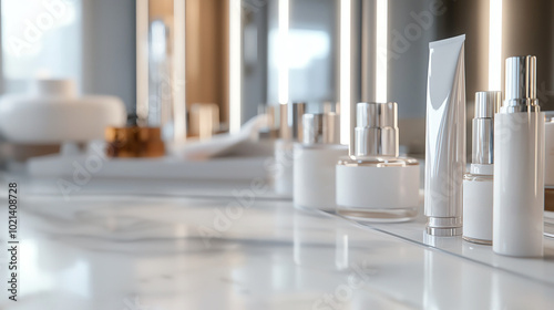 Cosmetics on a marble counter, elegant display.