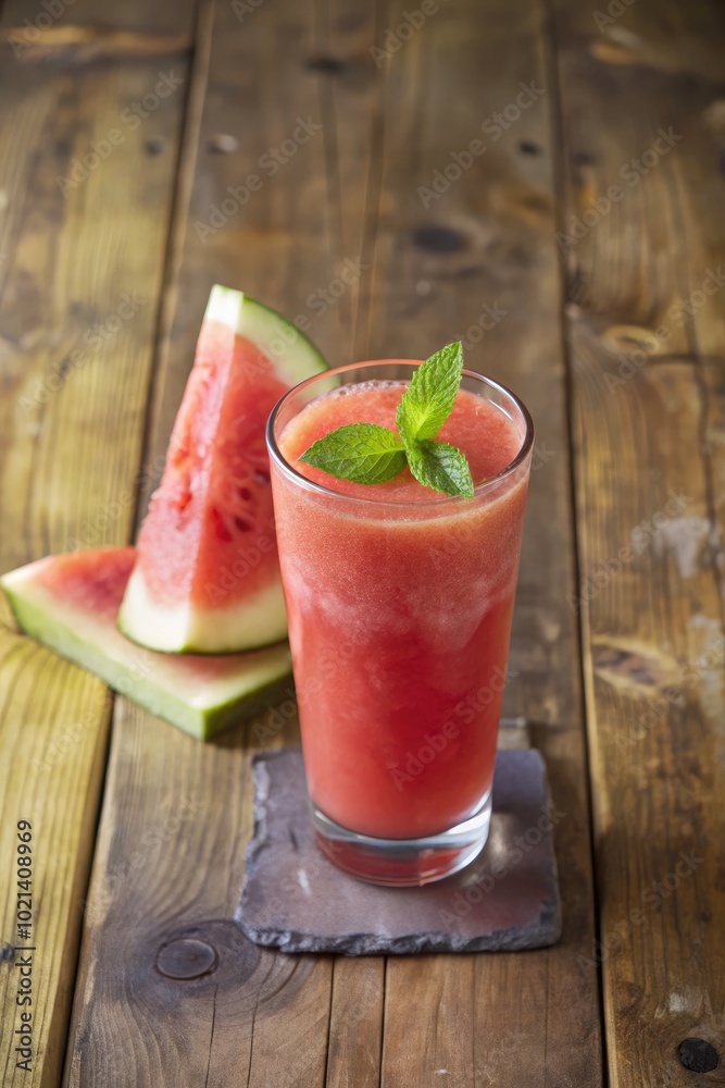 Fresh watermelon juice served with mint and lime slices. Fresh watermelon juice served with mint and lime slices.