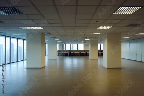 Empty Modern Office Space with Large Windows and City View