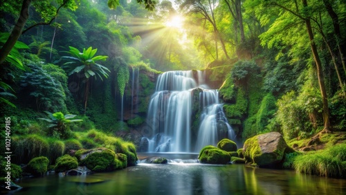 Sunlight filtering through lush foliage illuminates a cascading waterfall, creating a serene and tranquil scene in the heart of a verdant rainforest.