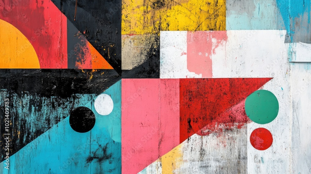 Naklejka premium Abstract art painting featuring geometric shapes and vibrant color combinations This piece showcases various paint spots and shadows embodying contemporary artistic expression