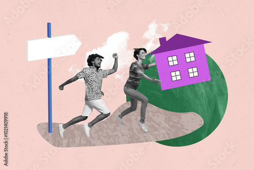 Creative collage young woman house apartment accommodation new home purchase credit loan relocation moving drawing background