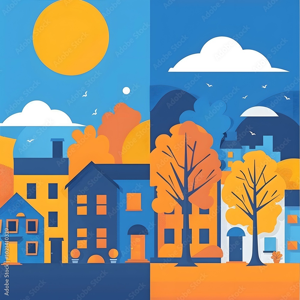 Fototapeta premium Autumn Illustration Of City Skyline With Houses and Trees