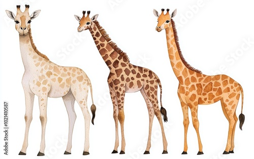 Watercolor painting of exotic animals, featuring giraffes, tiger, and llamas, ideal for natural history exhibits, wildlife illustrations, or jungle-themed decor photo