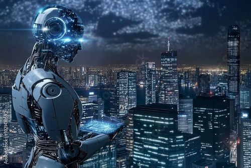 A futuristic android overlooking a glowing city skyline at night.