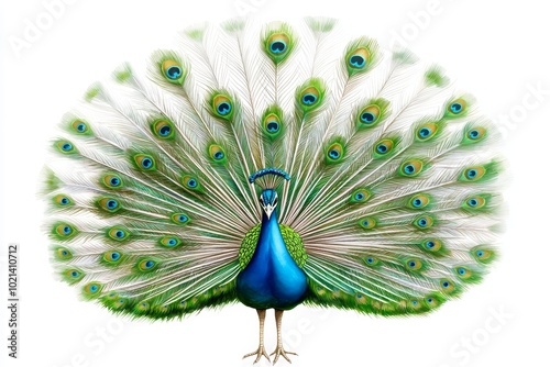 Watercolor peacock, feathers fanned in vivid green and blue, intricate details, perfect for luxury branding or home decor