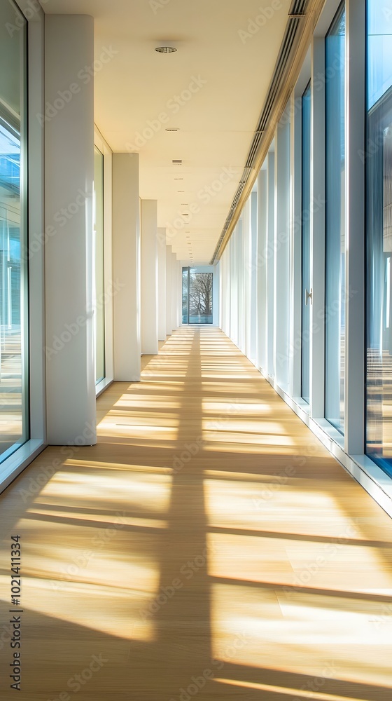 Obraz premium Sunlight Through Glass Walls In Modern Building Hallway