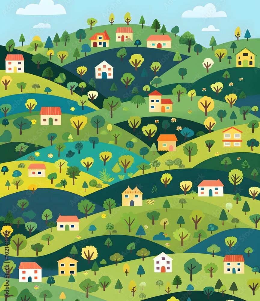 Fototapeta premium Colorful Illustration of a Village in a Green Valley