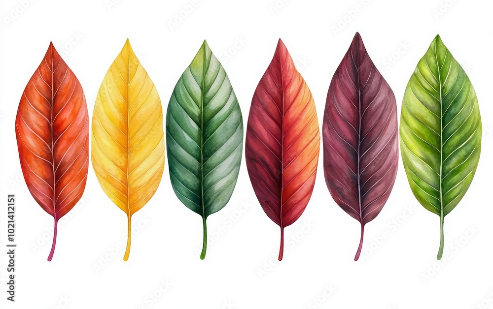 Vibrant watercolor leaves in various shades of green and red, ideal for tropical prints, jungle-inspired artwork, or nature-themed stationery
