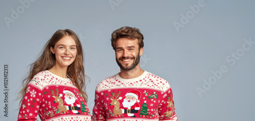 Couple in festive Ugly Christmas sweaters with Santa and reindeer, smiling