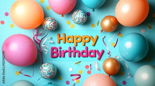 Colorful balloons and festive decorations with the phrase 