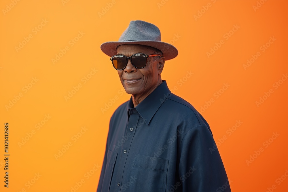 Man wearing a hat and sunglasses is smiling at the camera. He is wearing a blue shirt and a black hat Man wearing a hat and sunglasses is smiling at the camera. He is wearing a blue shirt and a black hat