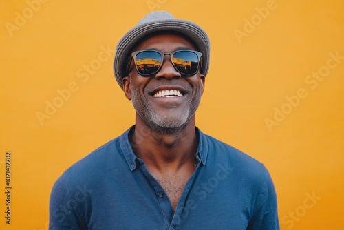 Man wearing a hat and sunglasses is smiling. He is wearing a blue shirt and has a beard