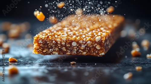 Close-up of an energy bar breaking apart, pieces and crumbs suspended in mid-air against a solid dark gray background, minimalist composition, soft lighting for delicate shadows, hd quality,
