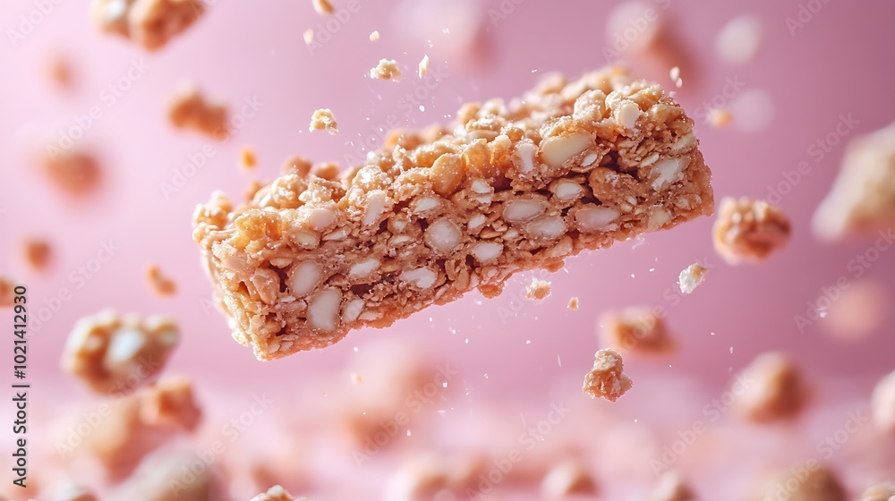 Close-up of an energy bar breaking apart with pieces frozen mid-air, plain pastel pink background, soft lighting from above creating subtle shadows on floating crumbs, minimalist composition, Close-up of an energy bar breaking apart with pieces frozen mid-air, plain pastel pink background, soft lighting from above creating subtle shadows on floating crumbs, minimalist composition,