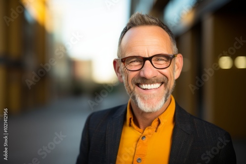 Handsome middle age man with glasses over defocused background.