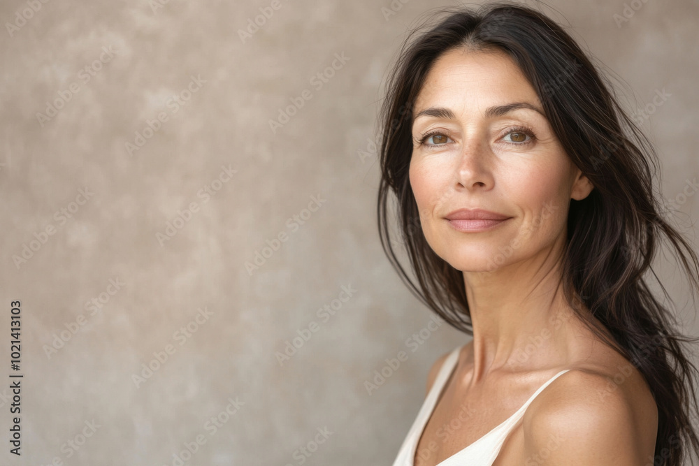 Portrait of serene middle age woman with brunette hair and light background Portrait of serene middle age woman with brunette hair and light background