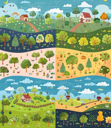 Four Seasons Landscape Illustration With Trees And Flowers