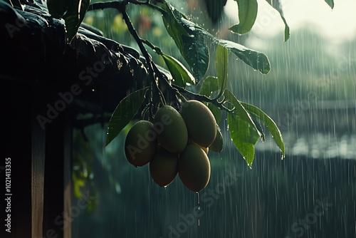 Ripe fruits hanging from a branch in the rain. photo