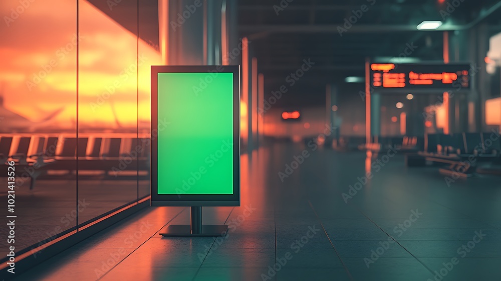 A modern airport interior features a digital display board and vibrant sunset lighting, creating a serene atmosphere for travelers. A modern airport interior features a digital display board and vibrant sunset lighting, creating a serene atmosphere for travelers.