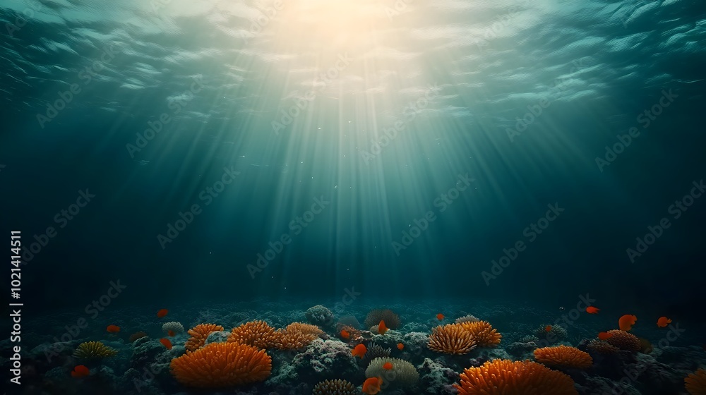 Obraz premium Enchanting underwater seascape featuring a shimmering coral reef teeming with schools of vibrant tropical fish Sunlight filters through the depths creating a serene and dreamlike atmosphere