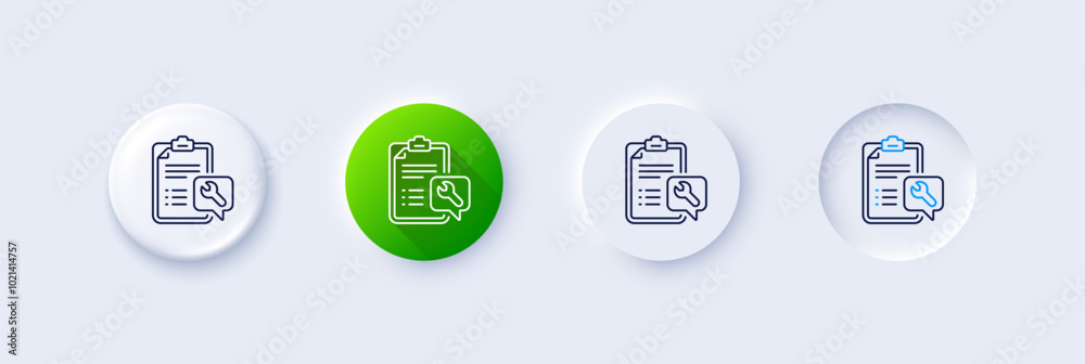 Spanner tool line icon. Neumorphic, Green gradient, 3d pin buttons. Repair service checklist sign. Fix instruments symbol. Line icons. Neumorphic buttons with outline signs. Vector Spanner tool line icon. Neumorphic, Green gradient, 3d pin buttons. Repair service checklist sign. Fix instruments symbol. Line icons. Neumorphic buttons with outline signs. Vector