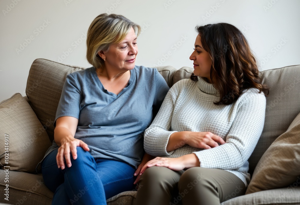 A mother and daughter sit close together on the sofa the mother A mother and daughter sit close together on the sofa the mother