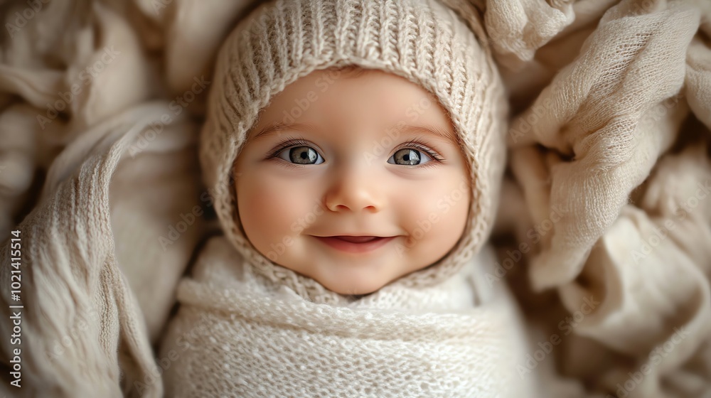 A smiling baby wrapped in cozy fabric, wearing a knitted hat. Perfect for capturing innocence and warmth in photography. A smiling baby wrapped in cozy fabric, wearing a knitted hat. Perfect for capturing innocence and warmth in photography.