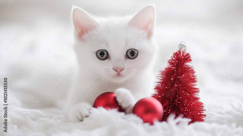 A small white kitten on a white background next to a red Christmas tree plays with a round red New Year's toy A small white kitten on a white background next to a red Christmas tree plays with a round red New Year's toy
