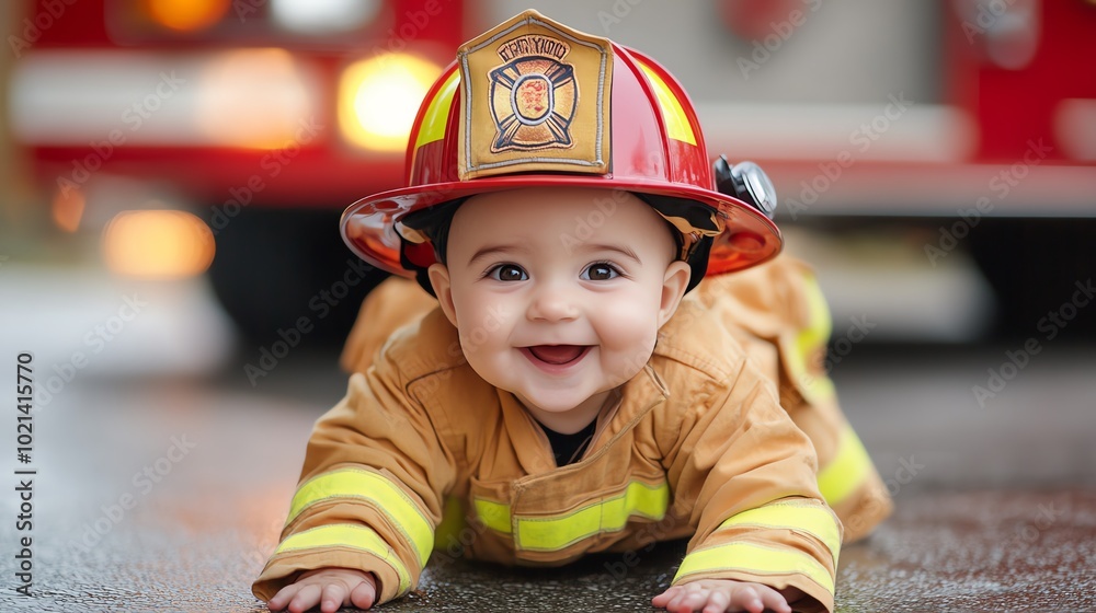 Adorable baby in firefighter costume, smiling while crawling on the ground, capturing the essence of bravery and innocence. Adorable baby in firefighter costume, smiling while crawling on the ground, capturing the essence of bravery and innocence.