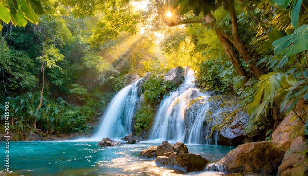 Crystal Clear Water Cascading Down a Hidden Jungle Waterfall, Surrounded by Thick Foliage and Vibrant Greenery, with Tropical Birds Echoing Through the Dense Forest Canopy Crystal Clear Water Cascading Down a Hidden Jungle Waterfall, Surrounded by Thick Foliage and Vibrant Greenery, with Tropical Birds Echoing Through the Dense Forest Canopy