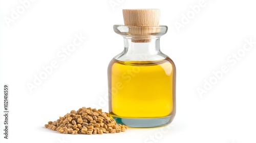 Fenugreek seeds and oil, isolated on a white background. Perfect for cooking, beauty, and medicinal uses. Fenugreek offers a nutty flavor, hair growth benefits, and helps manage diabetes.