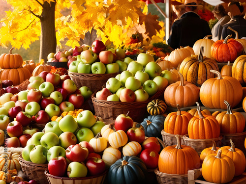 The Vibrant Autumn Harvest Market in Phoenix Showcasing a Bountiful Selection of Pumpkins and Apples Under Golden Foliage. 