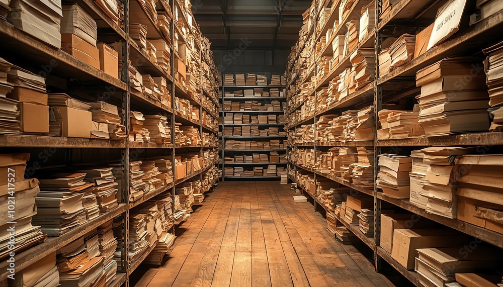 An aisle of shelves filled with stacked documents and files in a vintage storage room. An aisle of shelves filled with stacked documents and files in a vintage storage room.