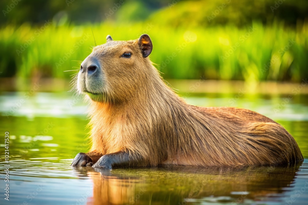 Full Body Portrait of a Capybara Relaxing in Natural Habitat Near Water in Bright Daylight Conditions Full Body Portrait of a Capybara Relaxing in Natural Habitat Near Water in Bright Daylight Conditions