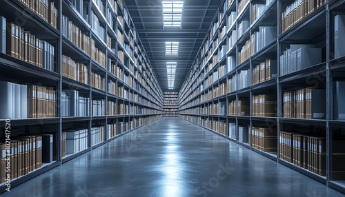 A wide view of a modern library with rows of bookshelves lined with books, showcasing a serene and organized reading space.