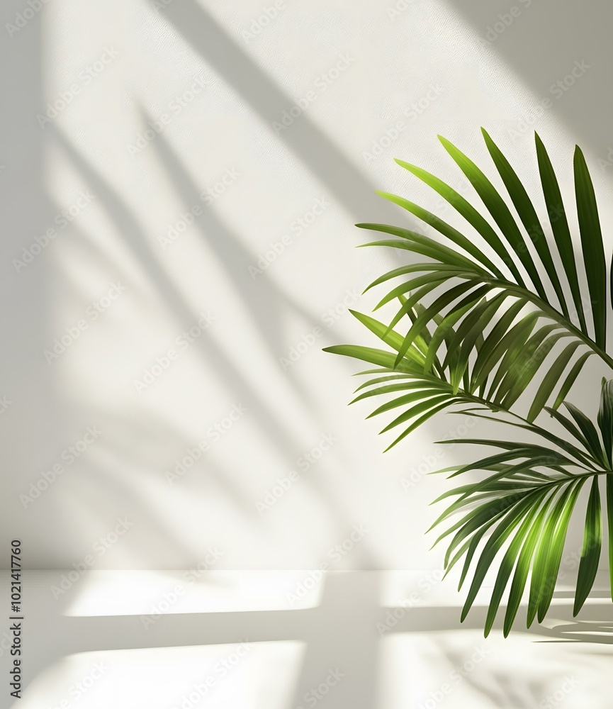 Minimalist White Wall With Green Palm Leaves And Sunlight Minimalist White Wall With Green Palm Leaves And Sunlight
