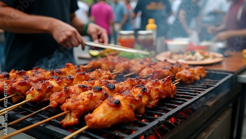 Juicy skewered chicken marinated in savory sauce, grilled to perfection over an open flame, showcasing the art of street food cooking and culinary delights.