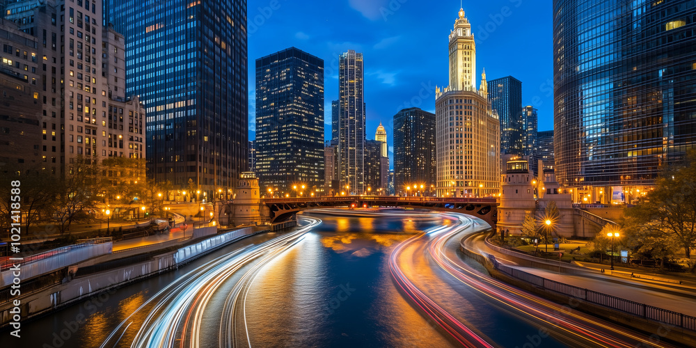 Chicago skyline illuminated at night with light trails over river. Chicago skyline illuminated at night with light trails over river.