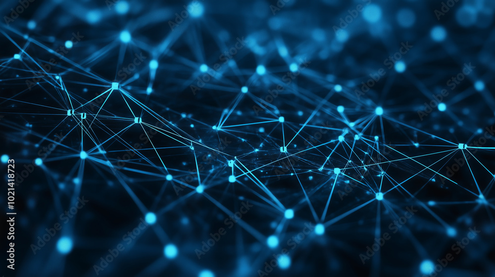Abstract network of glowing blue lines and dots on a dark background.