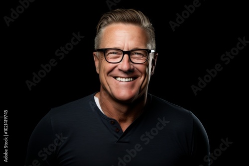 Portrait of a happy senior man with glasses on a black background.