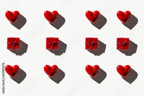 Top View 3D Hearts and Present Boxes on Clean White Background with Strong Shadows