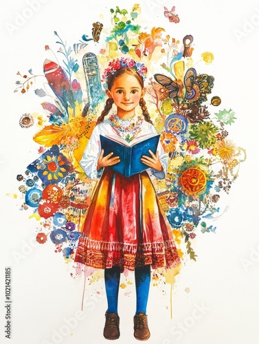 Watercolor illustration of a young girl in a traditional dress holding a book, surrounded by a colorful array of flowers, butterflies, and other nature-inspired details, symbolizing innocence, growth,