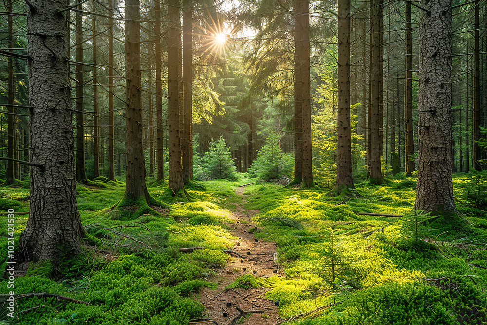 Fototapeta premium A forest with a path through it and sunlight shining through the trees