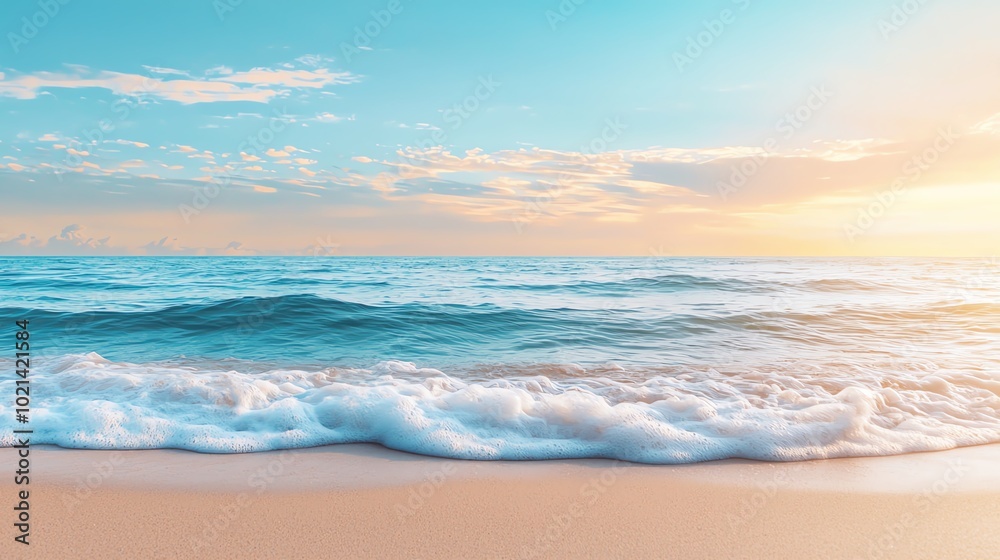 Serene beach at sunset, calm waves gently lapping against the shore under a vibrant sky. Serene beach at sunset, calm waves gently lapping against the shore under a vibrant sky.