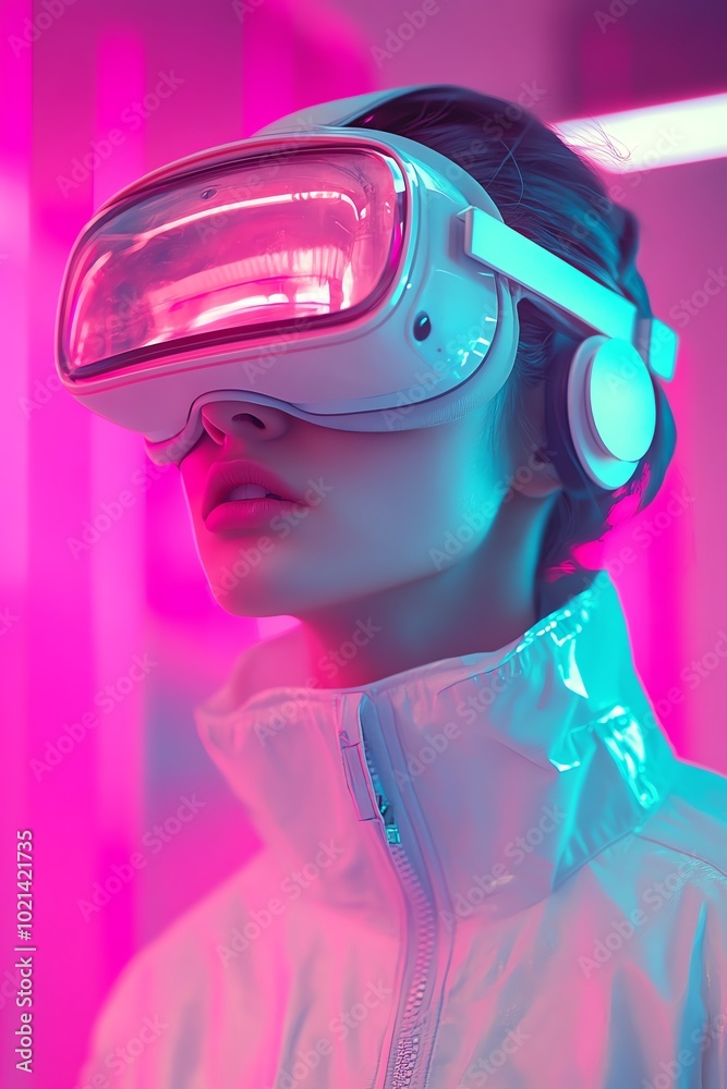 A person wearing a futuristic virtual reality headset in a vibrant neon-lit environment, showcasing modern technology and gaming. A person wearing a futuristic virtual reality headset in a vibrant neon-lit environment, showcasing modern technology and gaming.