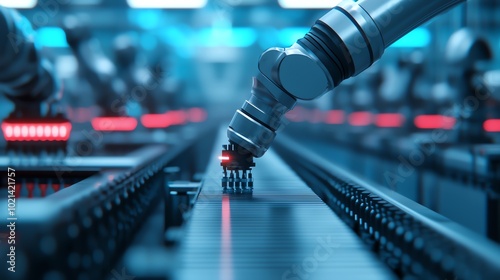 Robotic arms testing the balance of mechanical parts on an assembly line, sharp lighting, wide shot