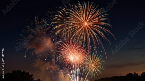 A vibrant display of fireworks explodes in the night sky, illuminating the dark with colorful streaks of light.